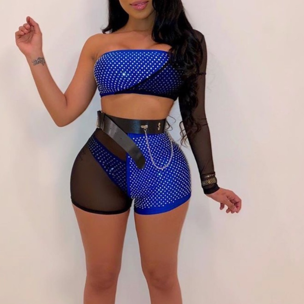 New  Mesh Sequined Unilateral Sleeve set